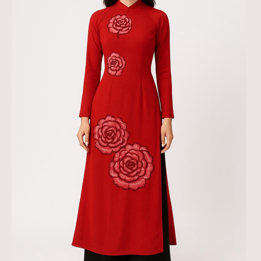 Red White Floral Ao Dai with Black Wide Leg Pants Set of 2 Top And Pants